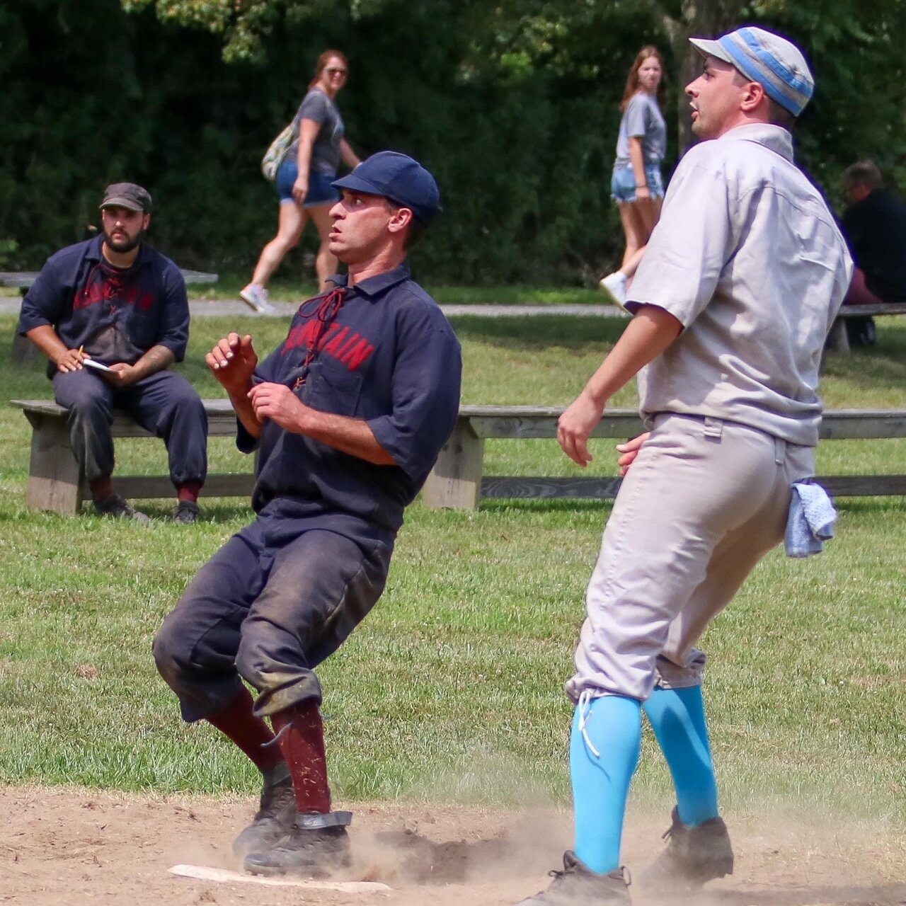 Andrew “Crutches” Krutz holds up on a slap single to center field during an 1884 match with Providence Grays at the Doc Adams Old Time Base Ball Festival in Bethpage. 